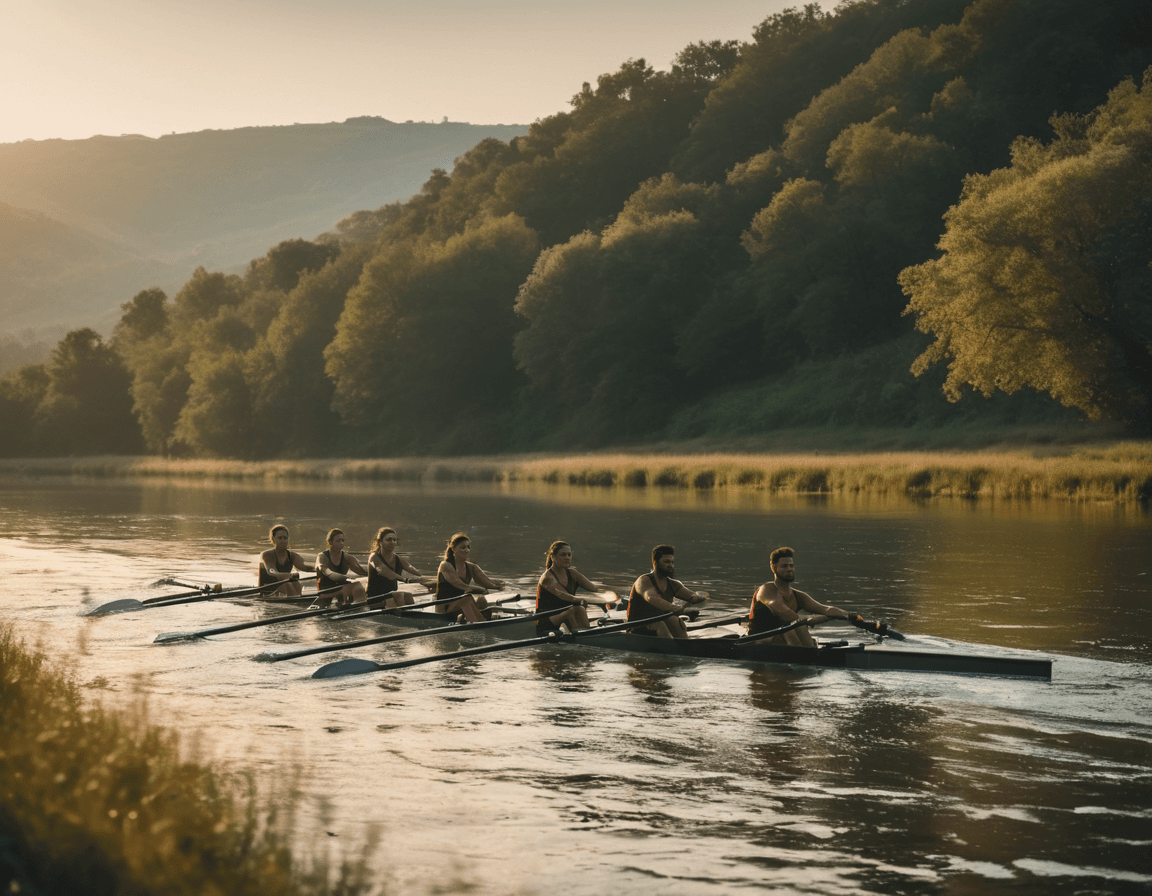 team rowing on a river